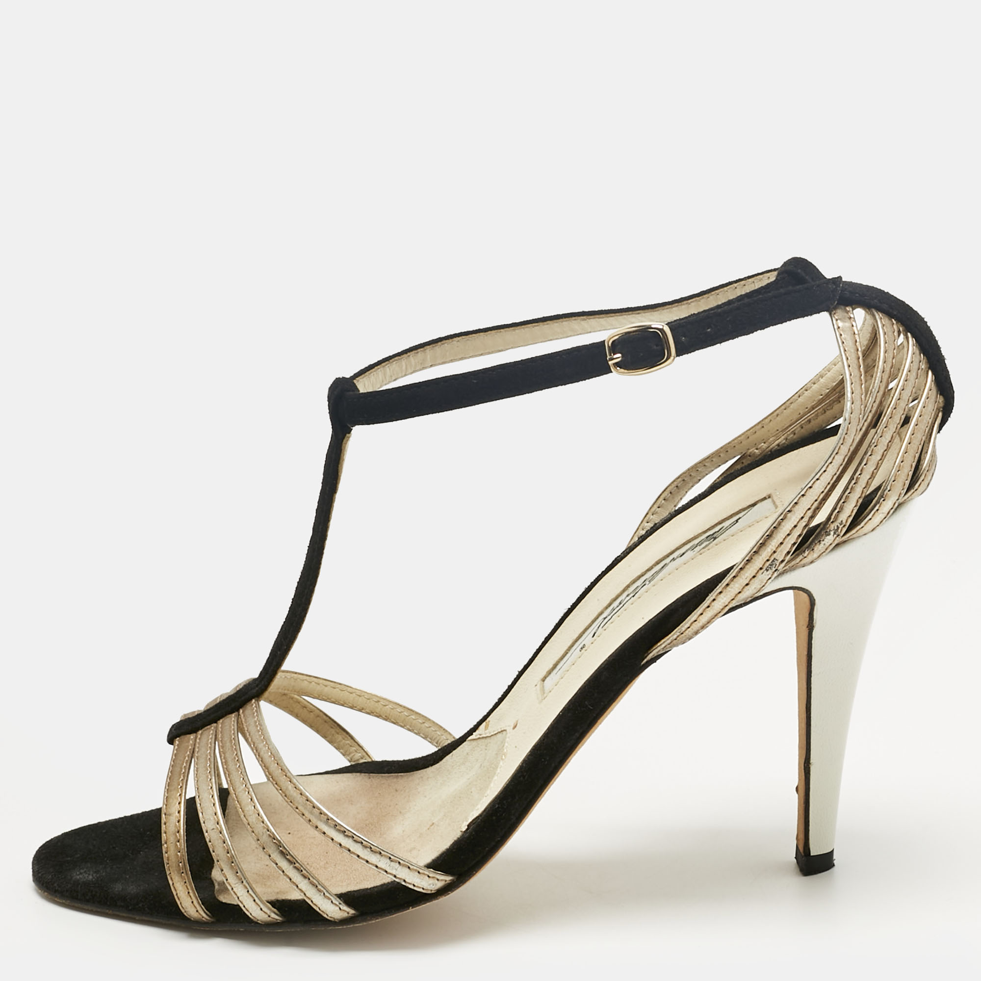 

Brian Atwood Black/Gold Suede and Leather Strappy T-Bar Sandals Size