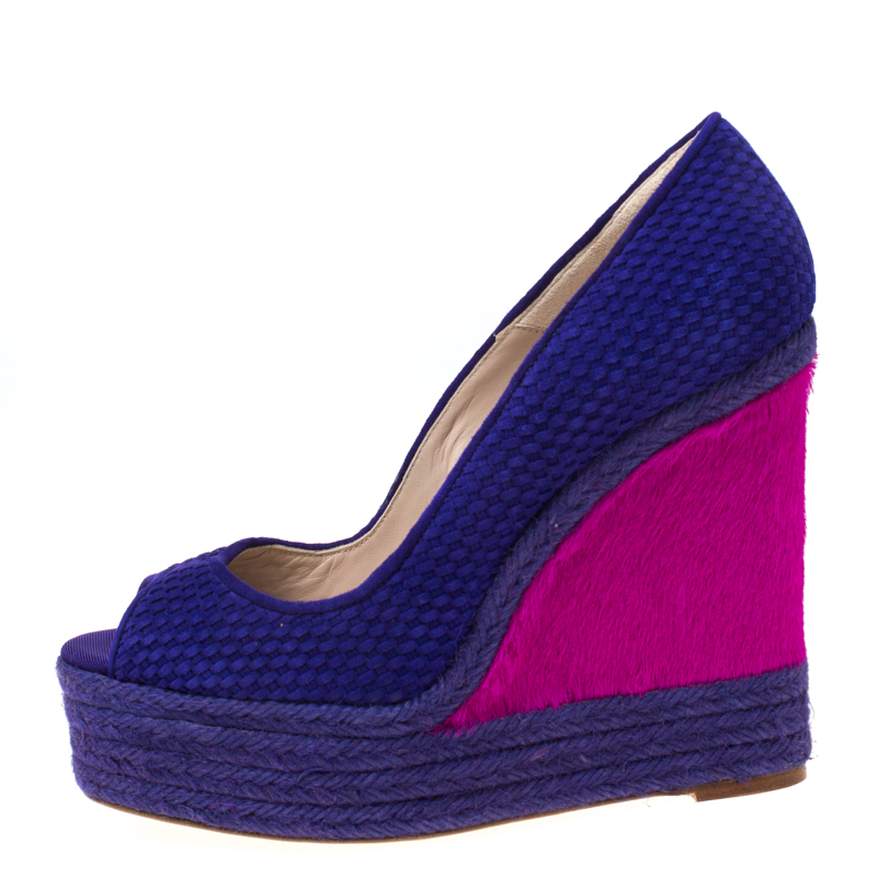 

Brian Atwood Purple/Pink Textured Suede and Caflhair Peep Toe Espadrilles Wedge Pumps Size
