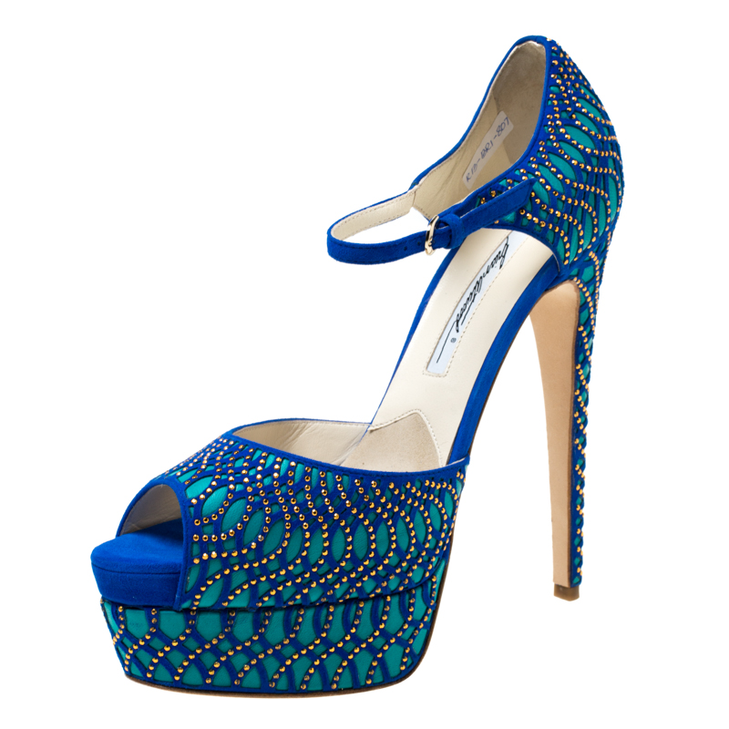 Brian Atwood Blue Tribeca Laser Suede and Leather Mary Jane Platform ...