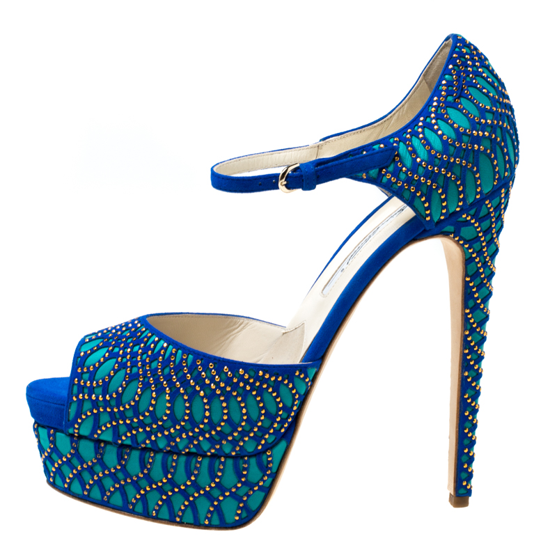 

Brian Atwood Blue Tribeca Laser Suede and Leather Mary Jane Platform Sandals Size