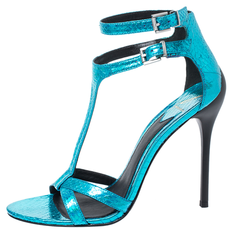 

Brian Atwood Metallic Blue Python Embossed Leather T Strap Laetitia Sandals Size
