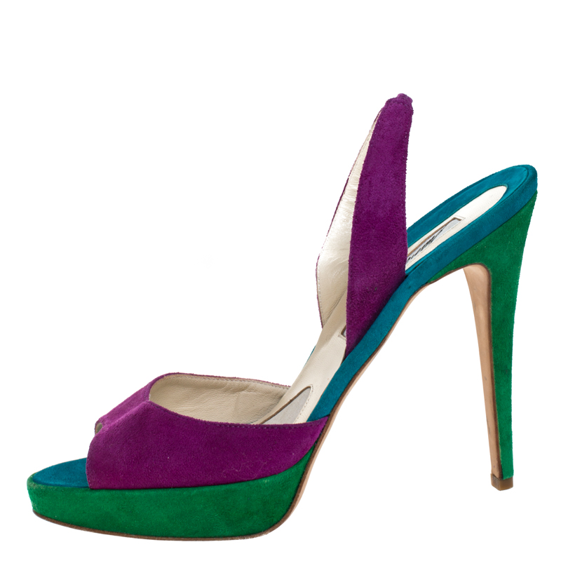 Pre-owned Brian Atwood Multicolor Suede Peep Toe Slingback Platform Sandals Size 39.5
