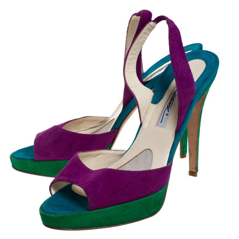 Pre-owned Brian Atwood Multicolor Suede Peep Toe Slingback Platform Sandals Size 39.5