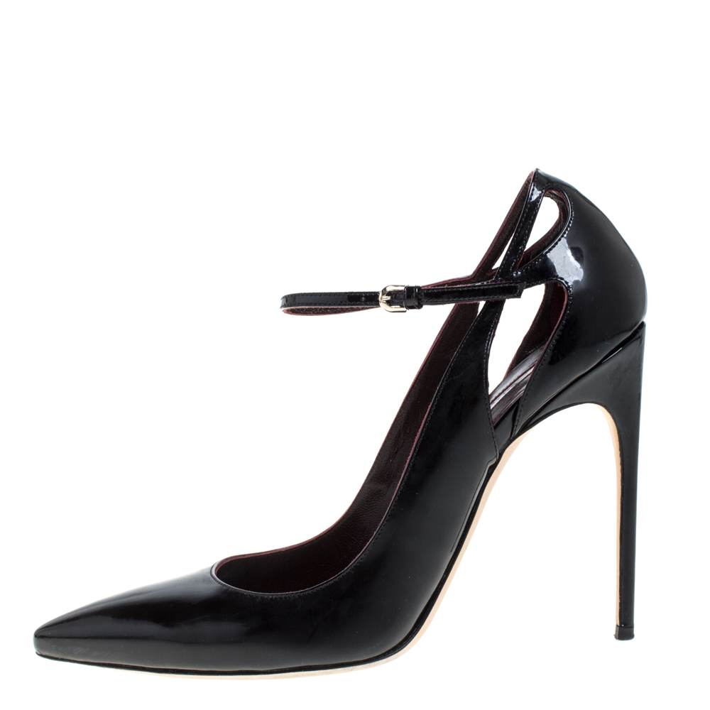 

Brian Atwood Black Patent Leather Marissa Ankle Straps Pumps Size