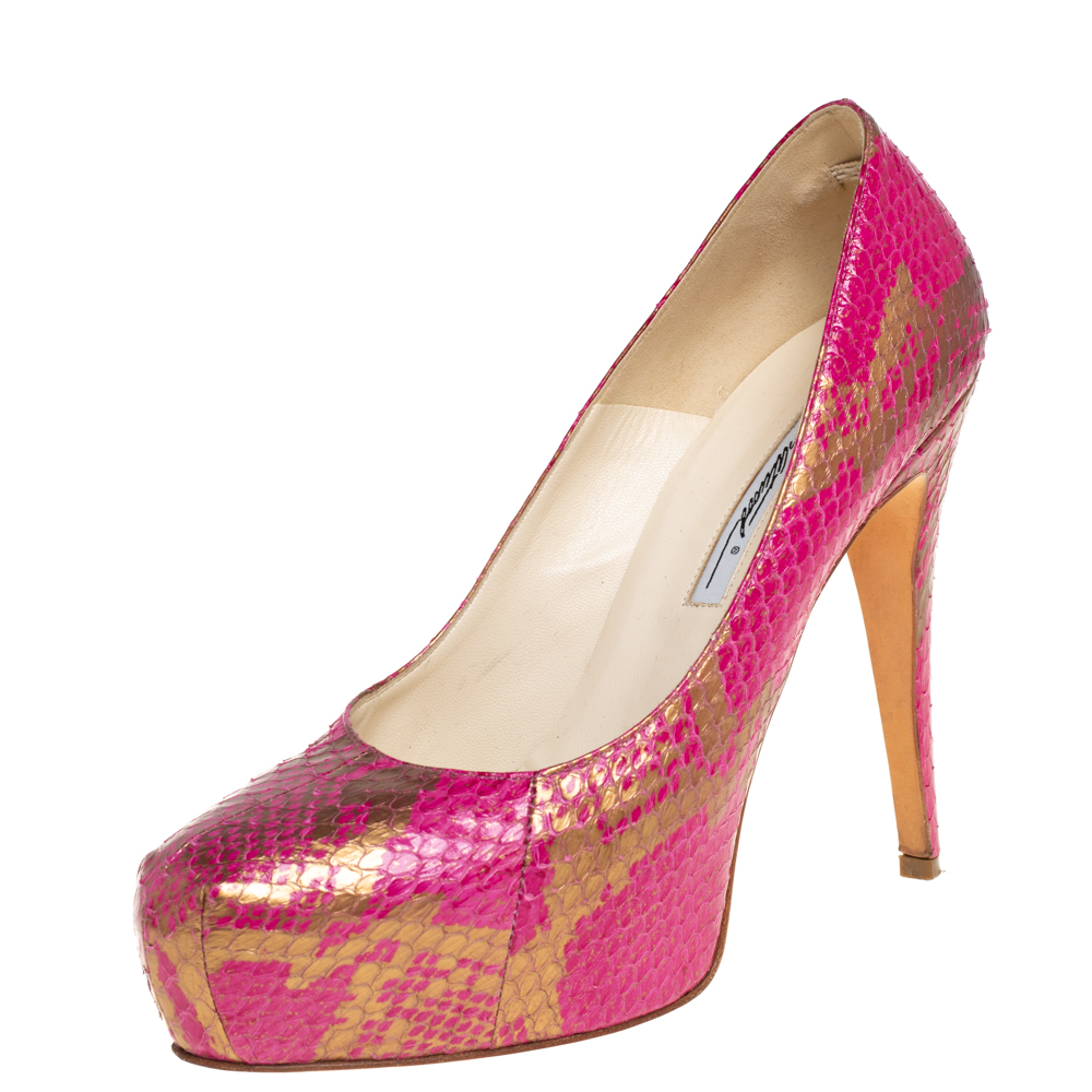 Pre-owned Brian Atwood Pink Python Leather Platform Pumps Size 38