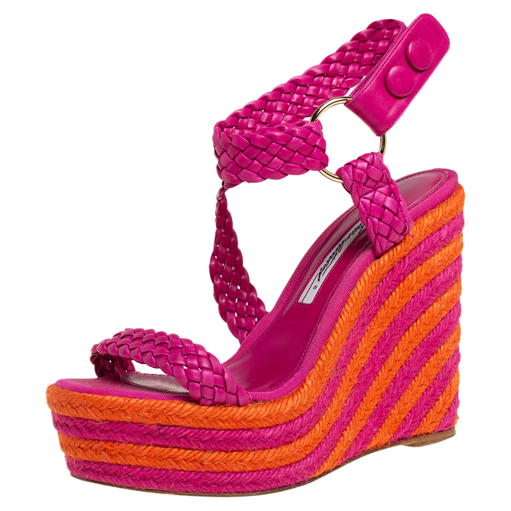 Pre-owned Brian Atwood Pink/orange Woven Leather Espadrille Wedge Sandals Size 36