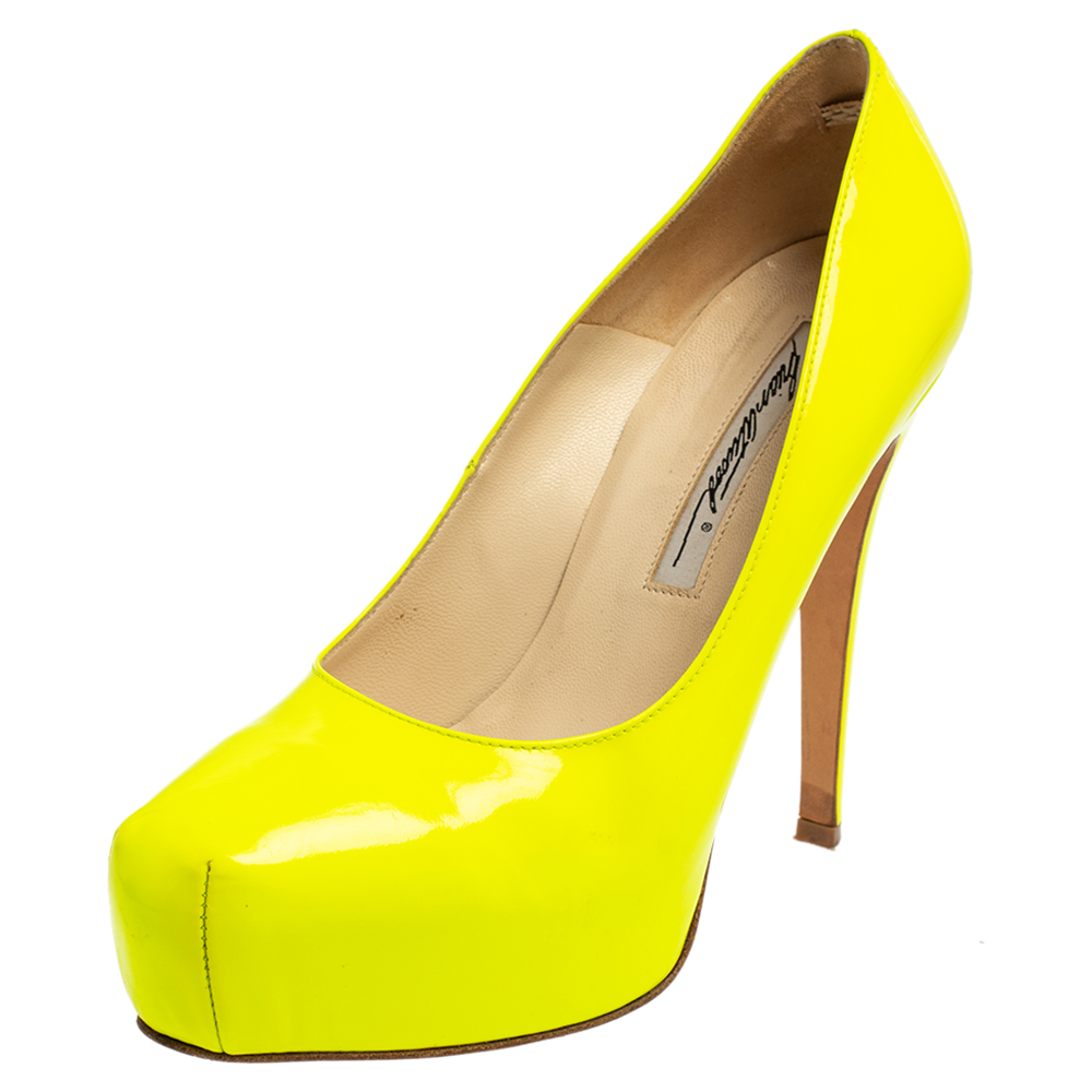 Pre-owned Brian Atwood Neon Green Patent Leather Platform Pumps Size 36.5