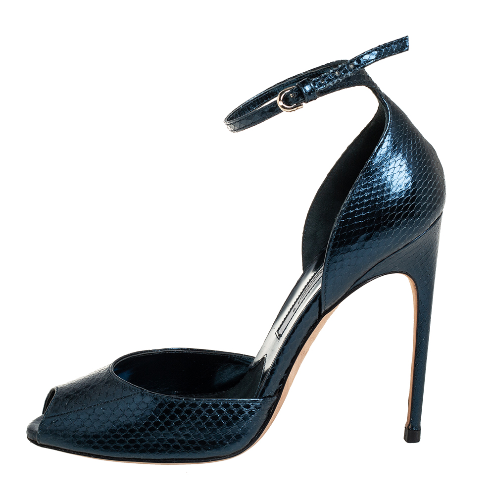 

Brian Atwood Metallic Blue Python Embossed Leather Oriana Peep Toe Pumps Size