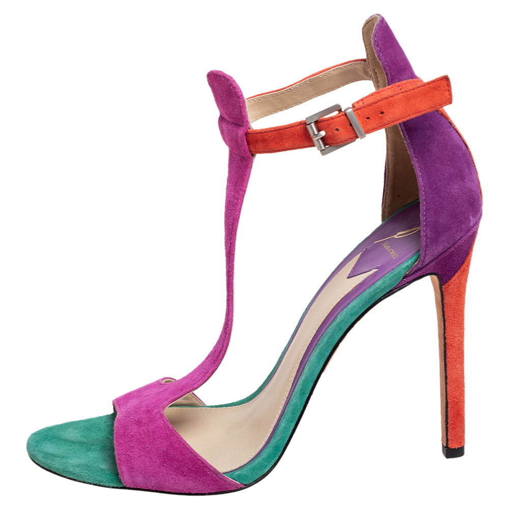 

Brian Atwood Multicolor Suede T Strap Open Toe Sandals Size