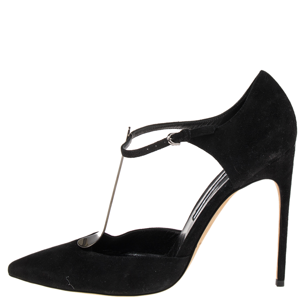 

Brian Atwood Black Suede Metal T-Strap Pointe Toe Sandal Size