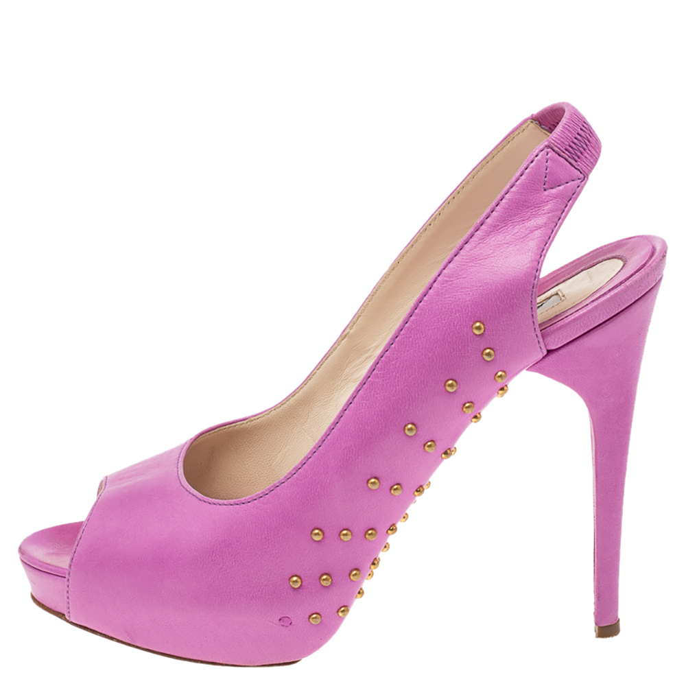 

Brian Atwood Pink Leather Studded Peep Toe Platform Slingback Sandals Size