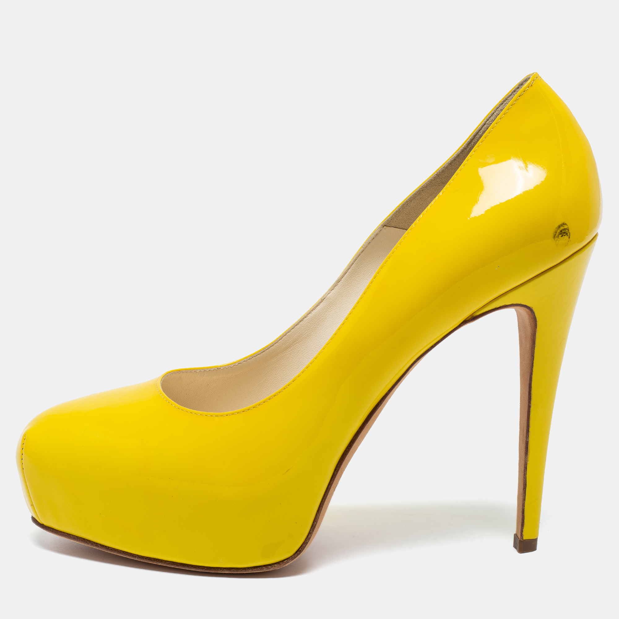 Pre-owned Brian Atwood Yellow Patent Leather Platform Pumps Size 39