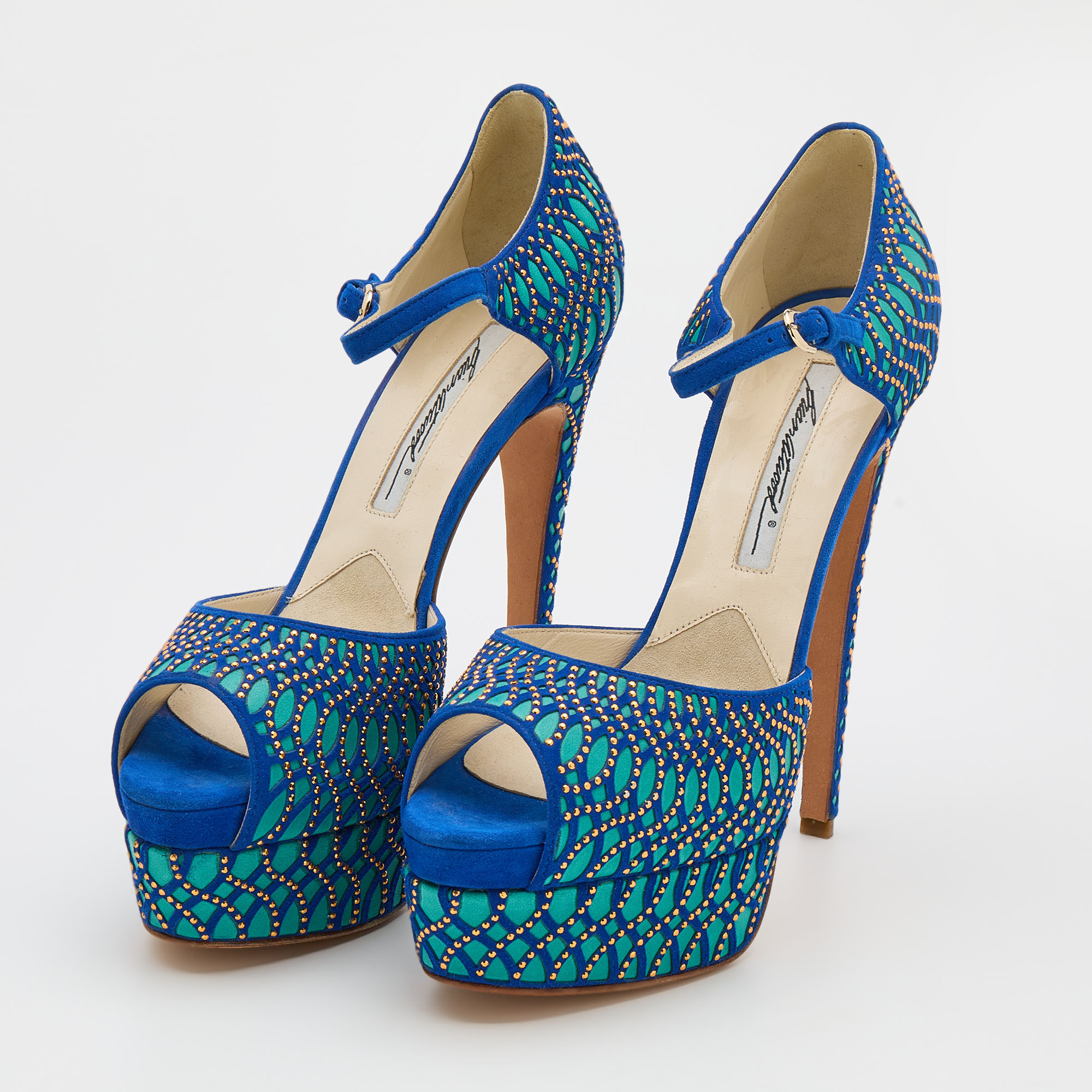 

Brian Atwood Blue Tribeca Laser Suede and Leather Peep Toe Platform Sandals Size