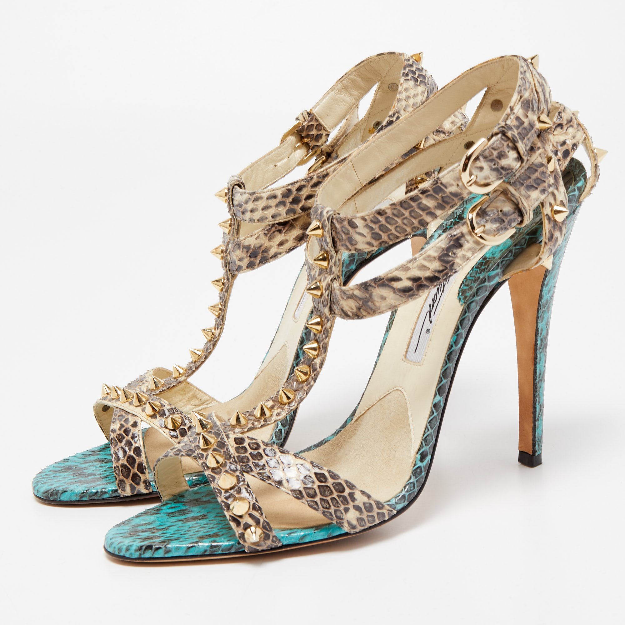 

Brian Atwood Beige/Blue Python Ankle Strap Sandals Size