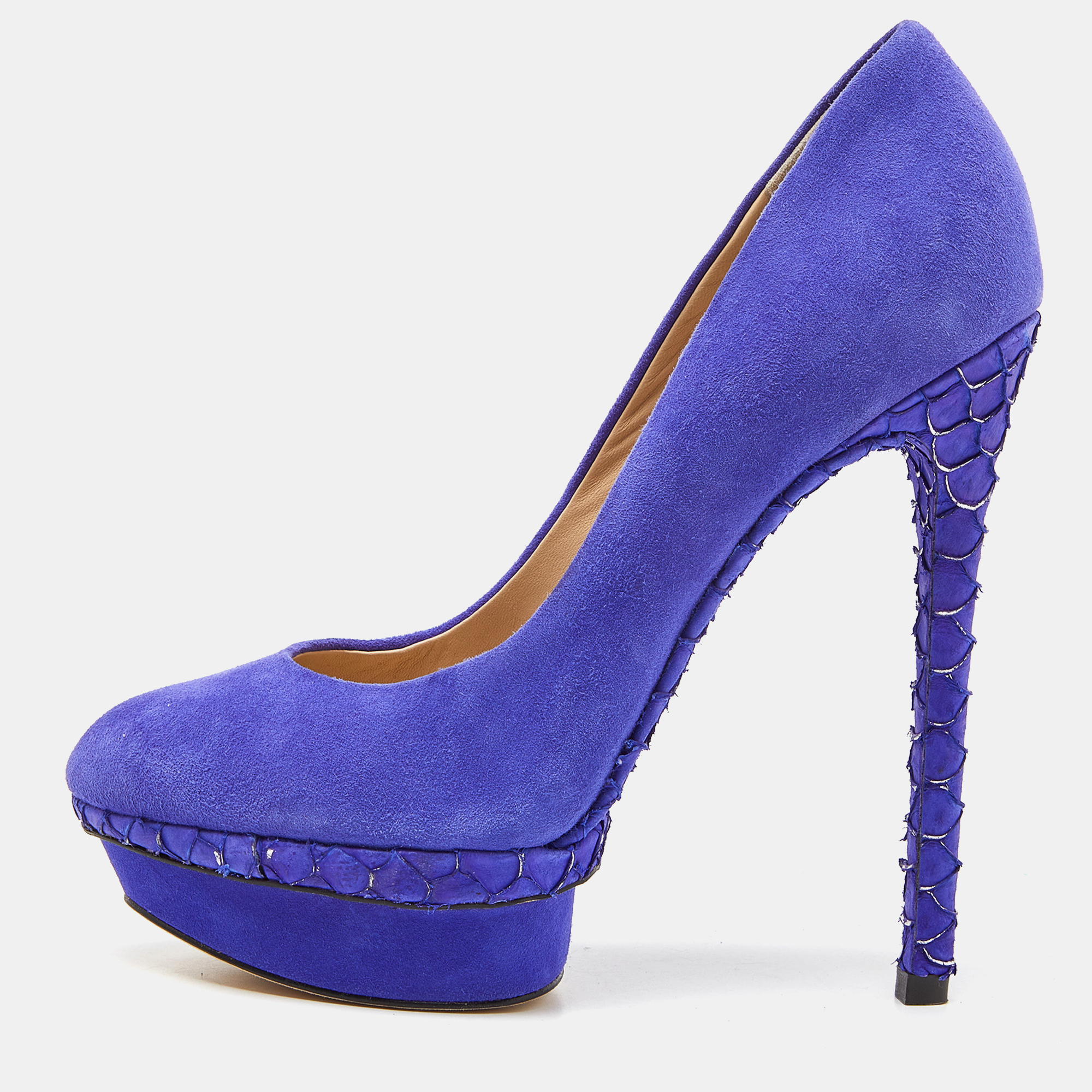 

Brian Atwood Blue Suede and Snakeskin Embossed Leather Platform Pumps Size