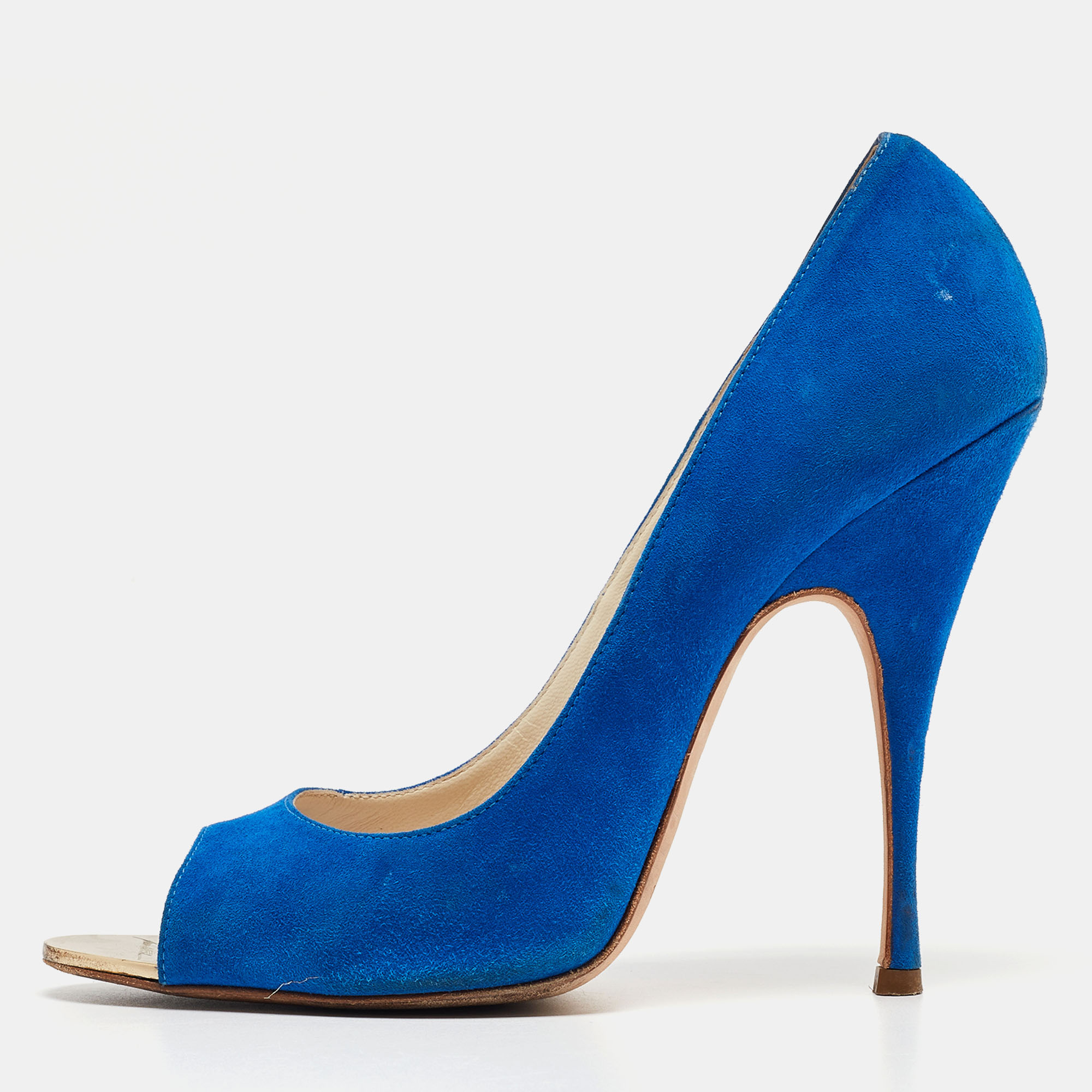 Pre-owned Brian Atwood Royal Blue Suede Open-toe Pumps Size 38.5
