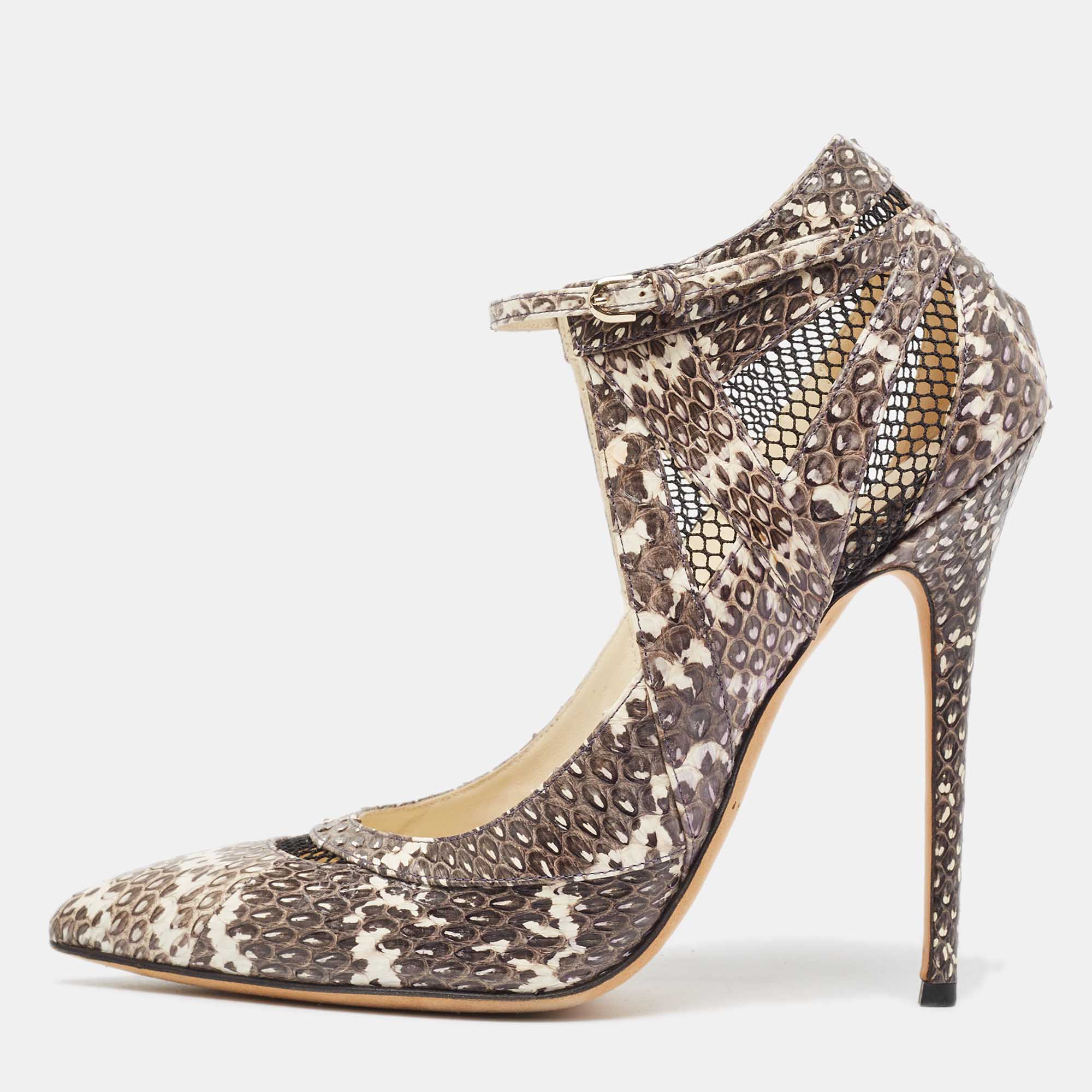 

Brian Atwood Grey/White Snakeskin and Mesh Ankle Strap Pumps Size