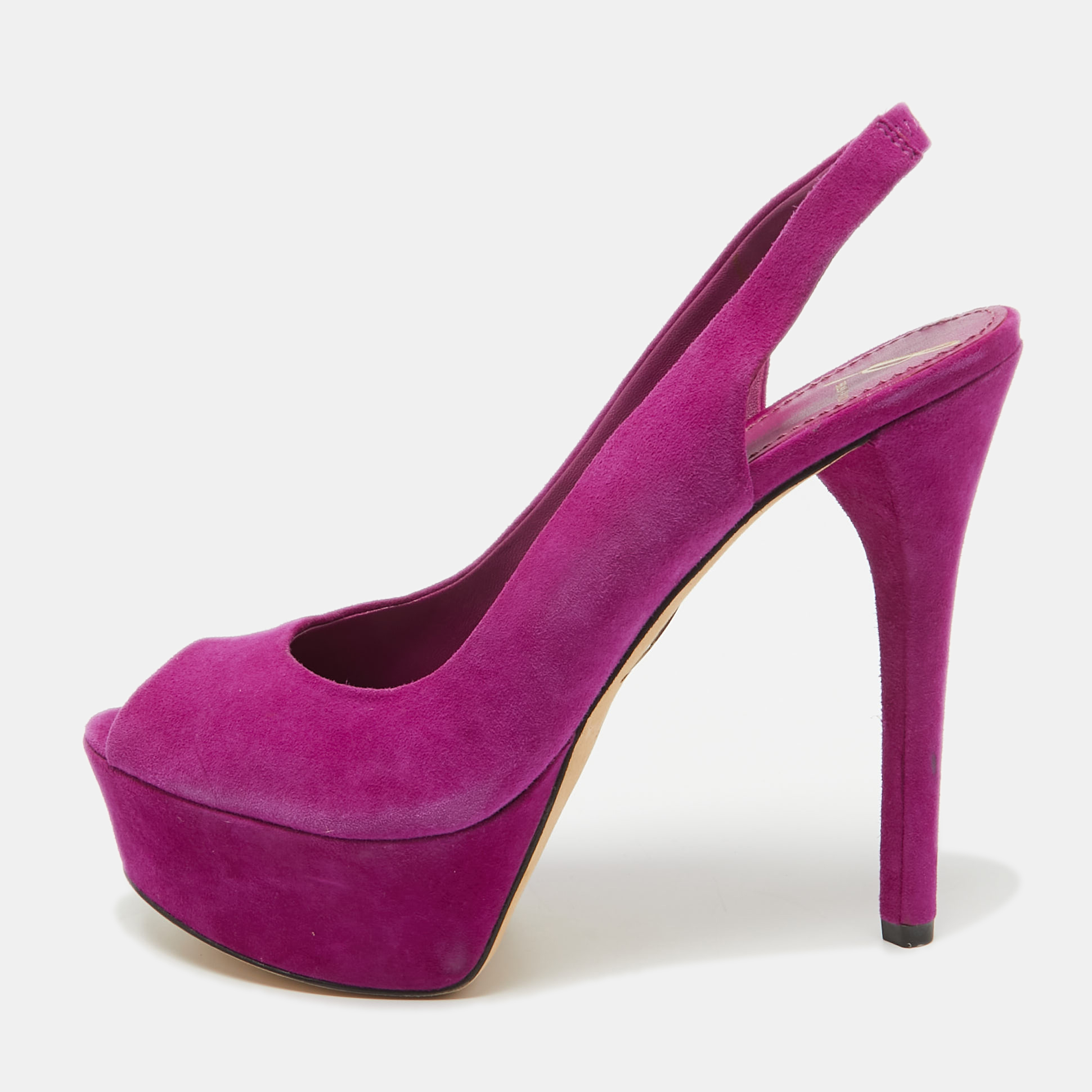 

Brian Atwood Pink Suede Peep Toe Platform Slingback Sandals Size 38.5