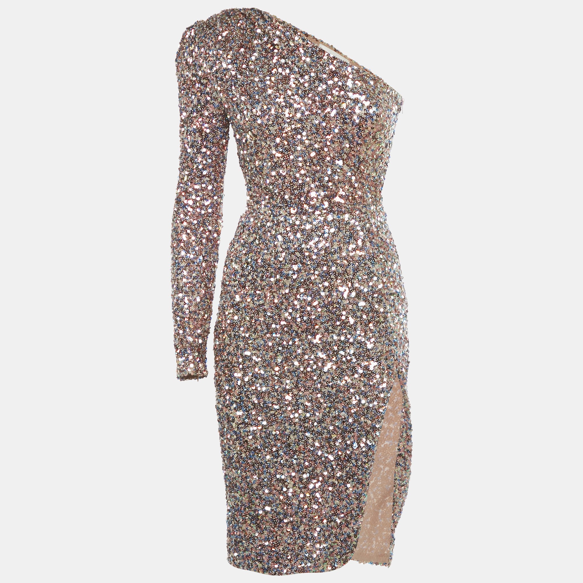 Pre-owned Bronx And Banco Multicolor Sequin Asymmetric Galaxy Midi Dress Xs