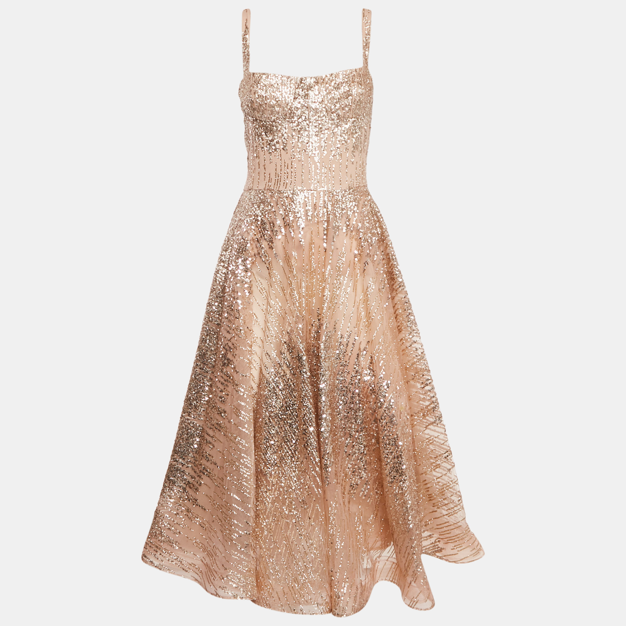 

Bronx & Banco Beige Glitter Embellished Tulle Bustier Midi Dress S