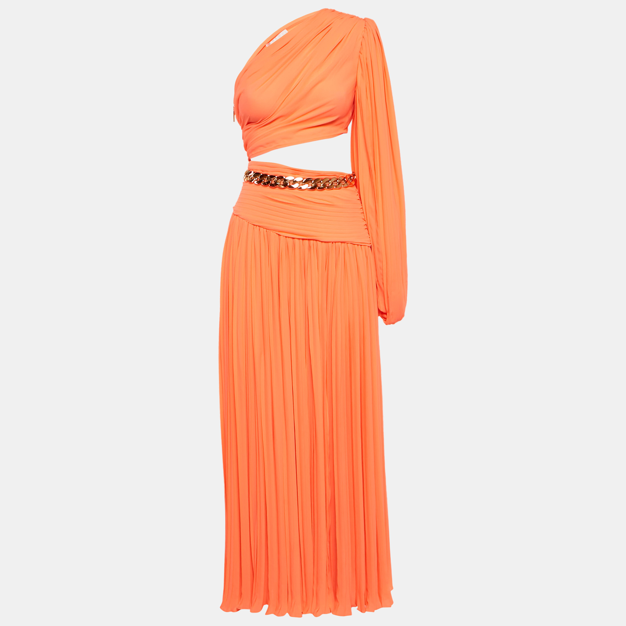 Pre-owned Bronx And Banco Orange Crepe Pleated One Shoulder Jafari Gown Xs