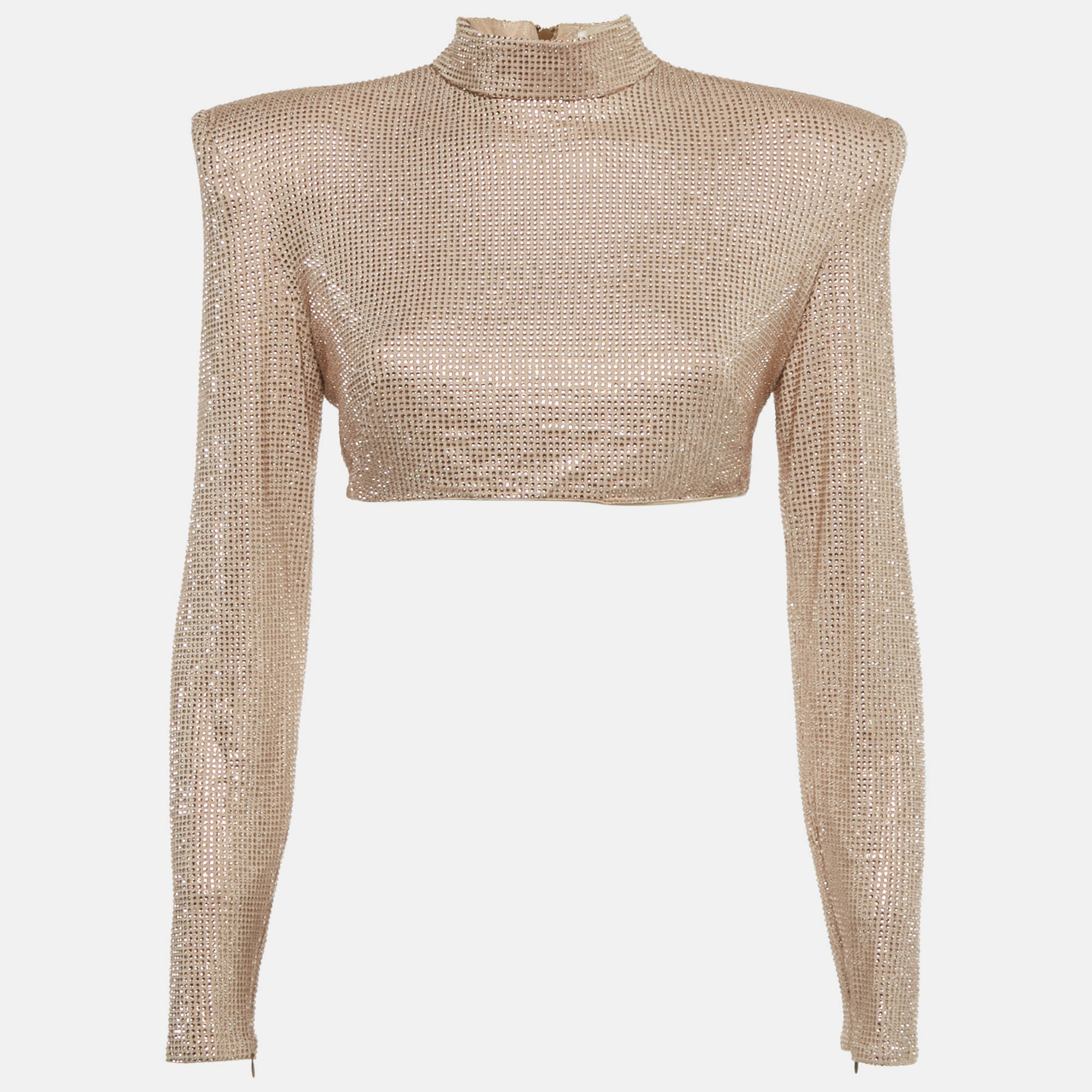 Pre-owned Bronx And Banco Beige Studded Jersey Zip-up Cropped Jacket M In Sand