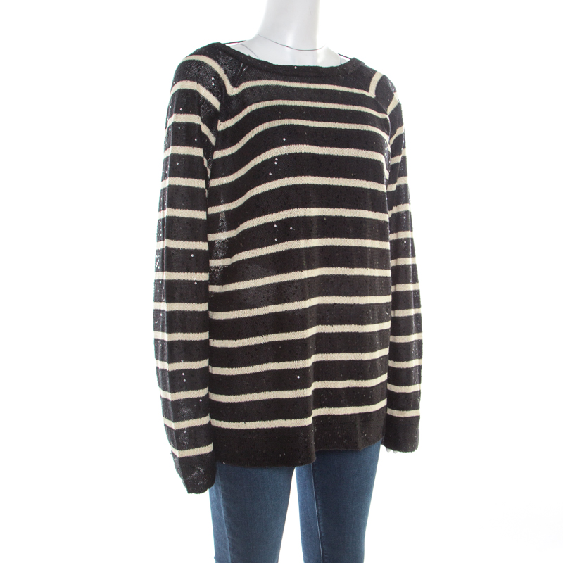 

Brunello Cucinelli Black Linen Silk Sequin Embellished Striped Sweater