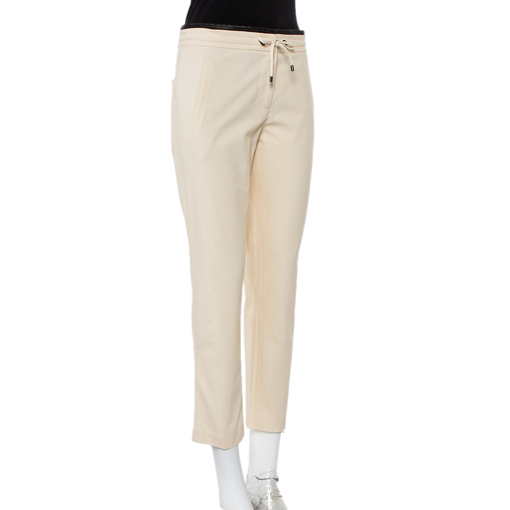 

Brunello Cucinelli Cream Cotton Contrast Trim Tapered Leg Trousers