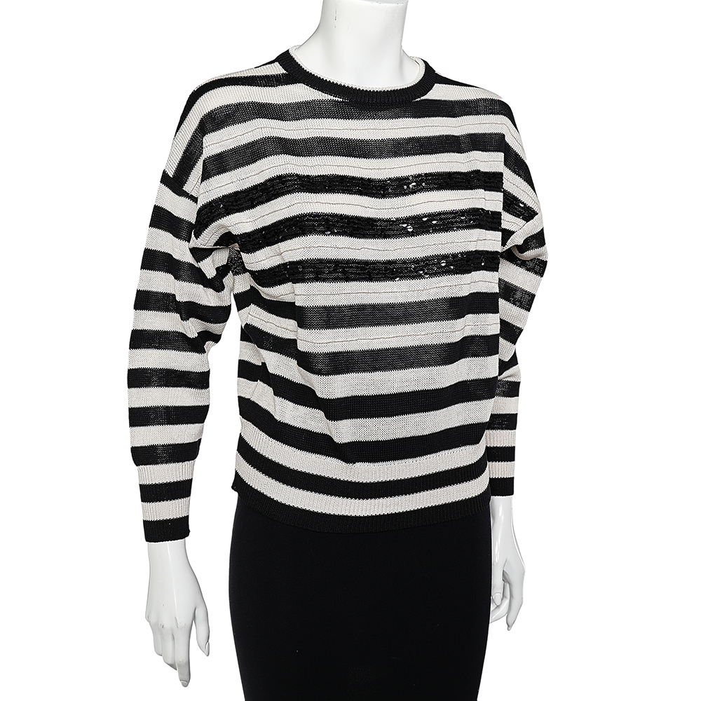 

Brunello Cucinelli Monochrome Striped Cotton Knit Sequined Detail Sweater, Black