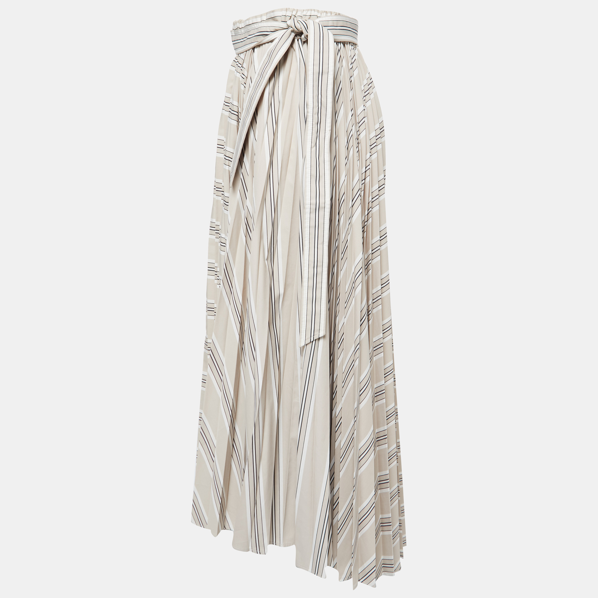 

Brunello Cucinelli Beige Stripe Print Cotton Blend Pleated Midi Skirt