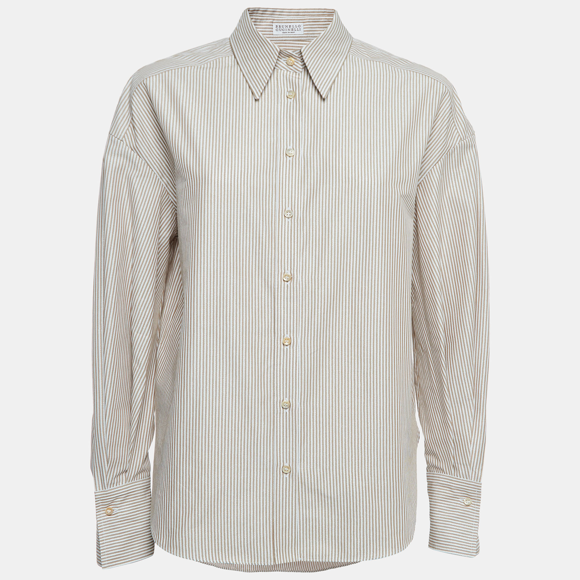 Pre-owned Brunello Cucinelli White/brown Striped Cotton Shirt L