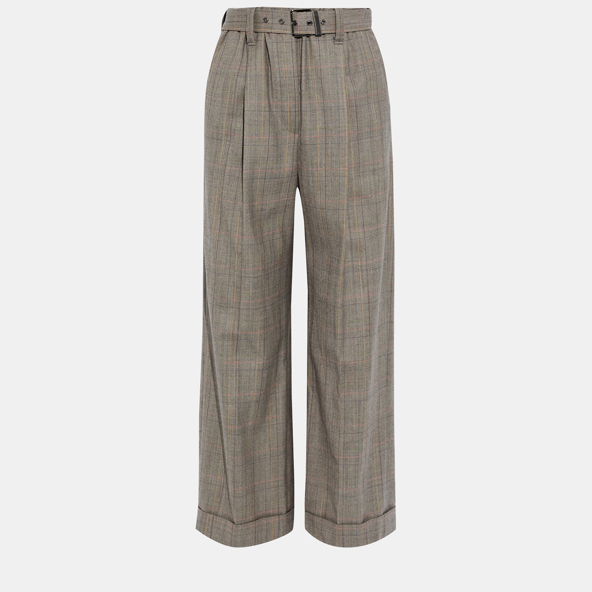 

Brunello Cucinelli Grey Checked Wool Wide Leg Pants  (IT 42