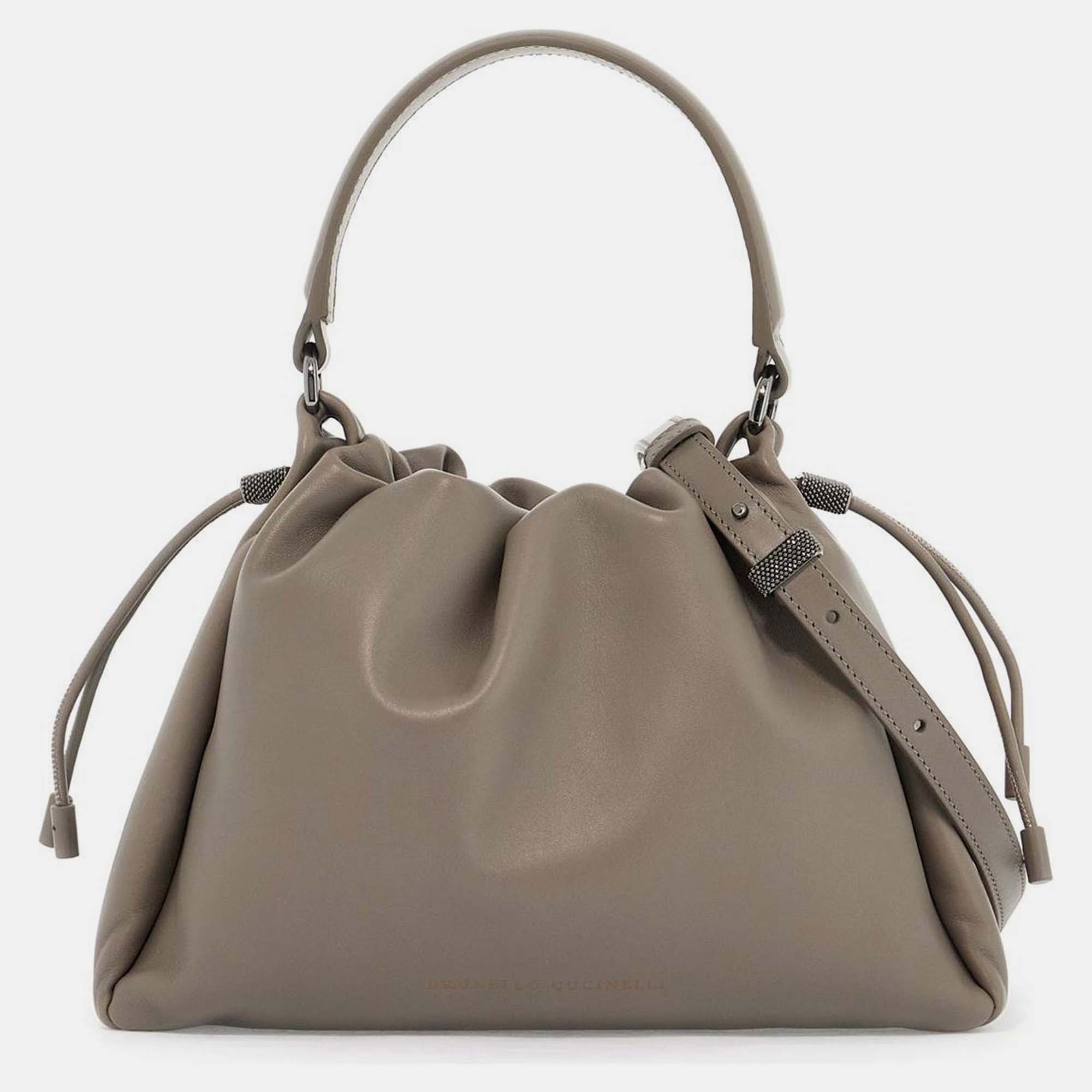 

Brunello Cucinelli calfskin Leather small leather bucket bag, Grey