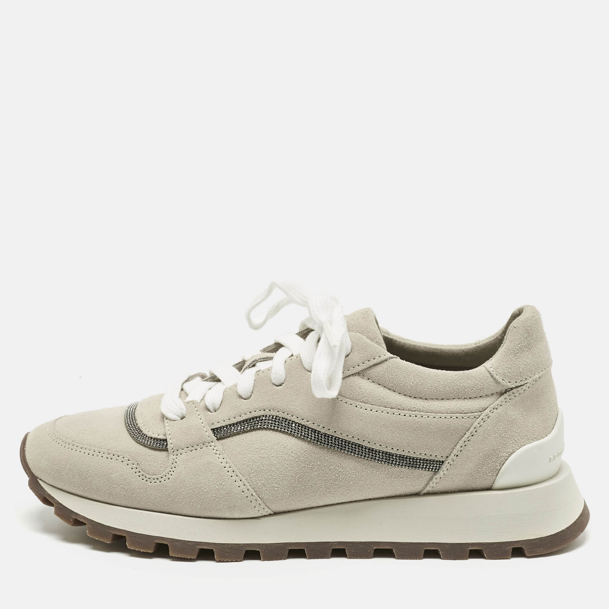 Pre-owned Brunello Cucinelli Grey Suede Monili Lace Up Sneakers Size 38 In Gray