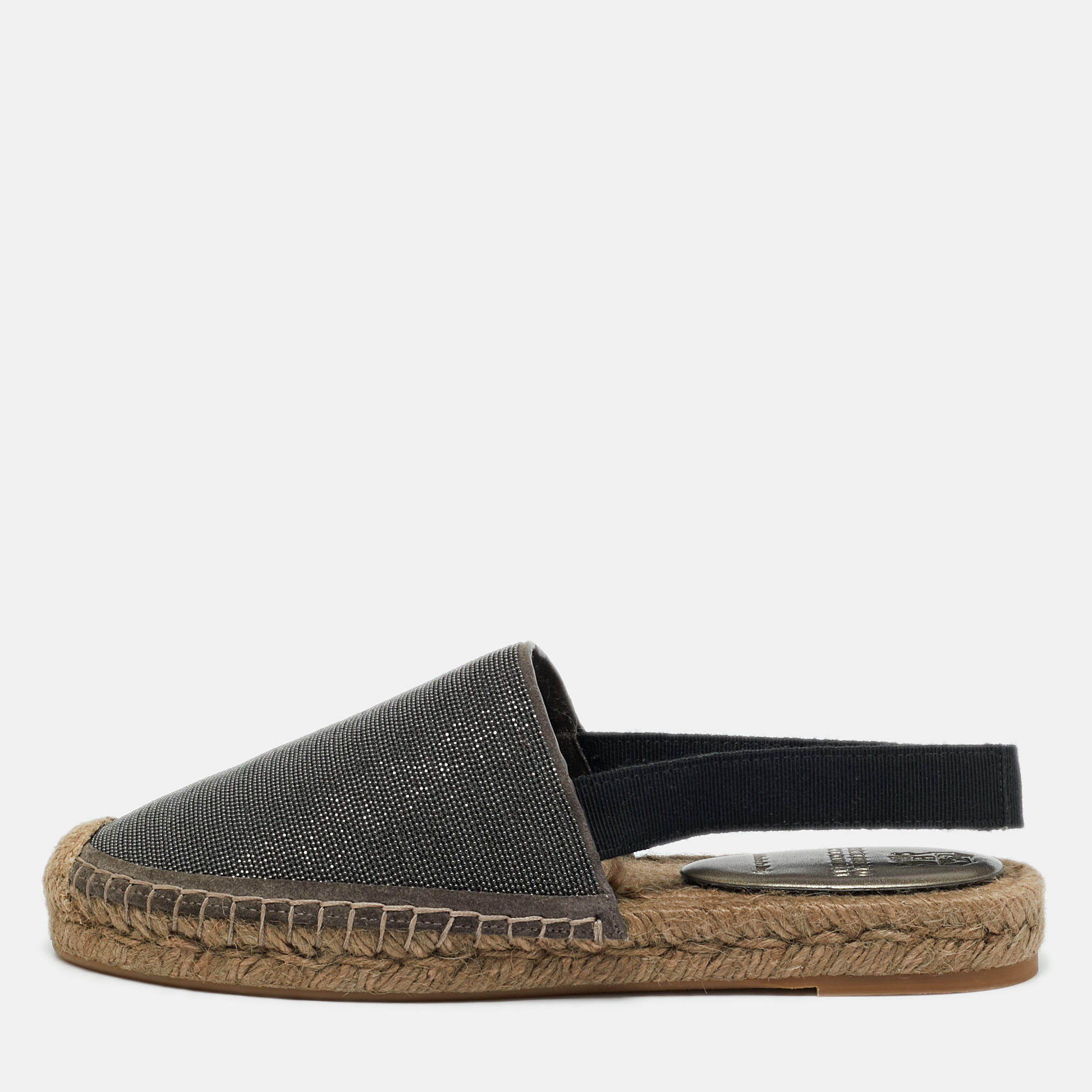 Pre-owned Brunello Cucinelli Grey Metal And Suede Espadrille Slingback Flats Size 36 In Gray