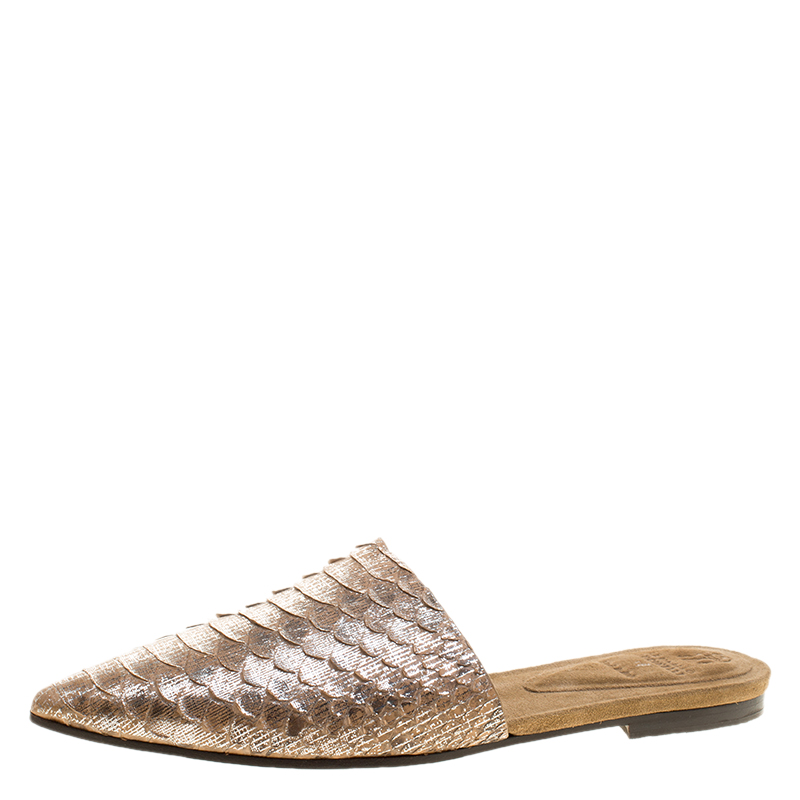 Brunello Cucinelli Beige Metallic Python Lamin Pointed Toe Slip On Mules Size 38.5 