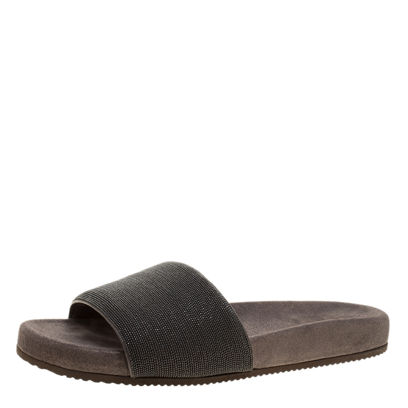 Brunello Cucinelli Metallic Grey Embellished Leather Monili Flat Slides Size 40.5