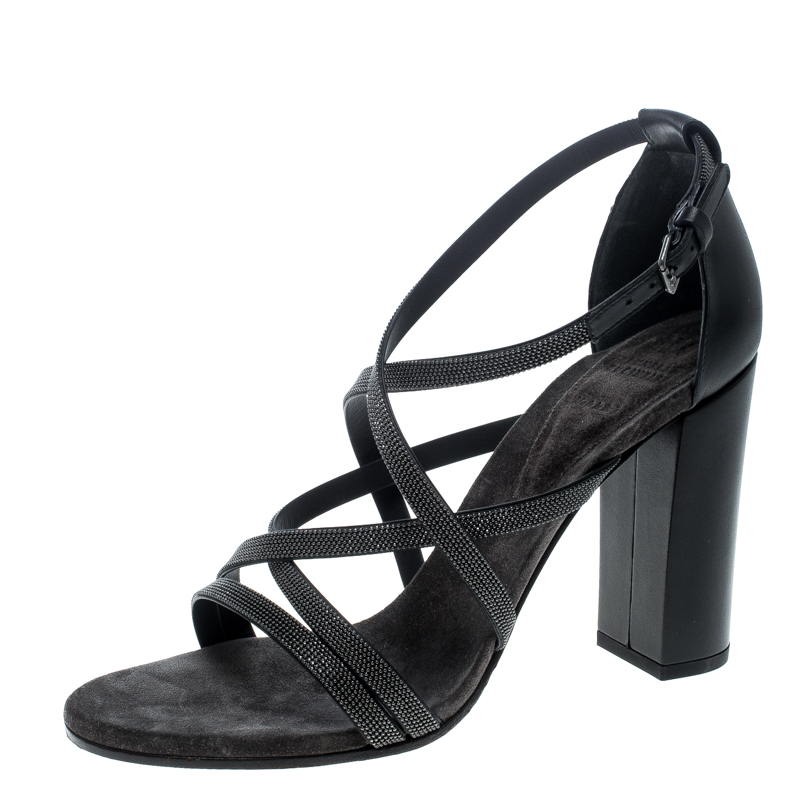Brunello Cucinelli Metallic Grey Embellished Cross Strap Block Heel Sandals Size 39