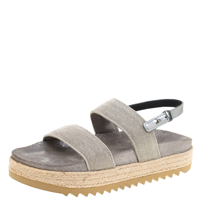 Brunello Cucinelli Metallic Silver Beaded Strap Espadrille Flat Sandals ...