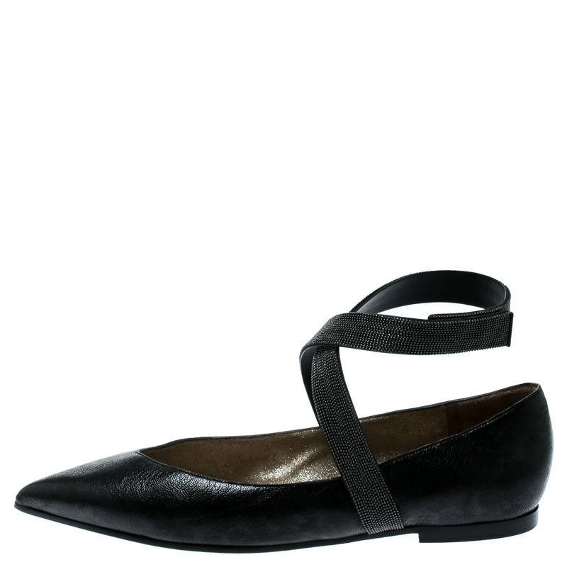 

Brunello Cucinelli Black Leather Cross Strap Pointed Ballet Flats Size