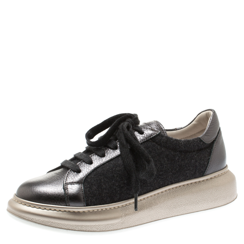 Brunello Cucinelli Dark Grey Wool And Leather Platform Sneakers Size 37.5