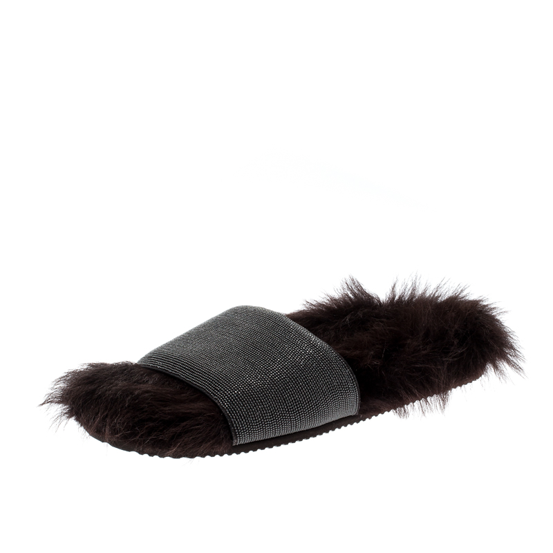 Brunello Cucinelli Brown Monile Bead And Shearling Slip On Slides Size 37