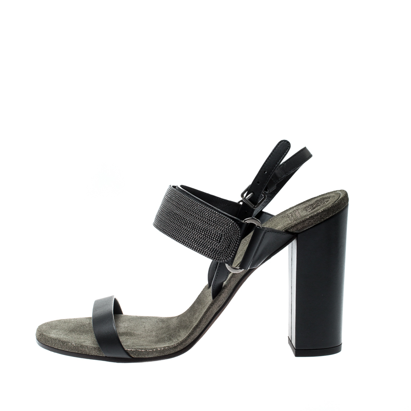 

Brunello Cucinelli Black Leather Bead Detail Ankle Strap Sandals Size