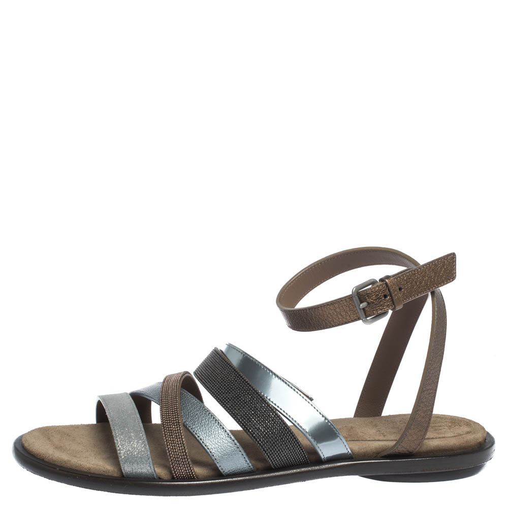 

Brunello Cucinelli Multicolor Leather And Fabric Monile Crossover Ankle Strap Flats Size