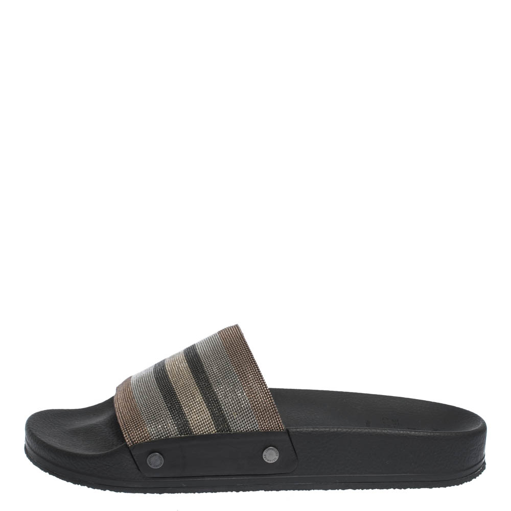 

Brunello Cucinelli Metallic Multicolor Stripe Beaded Flat Slides Size