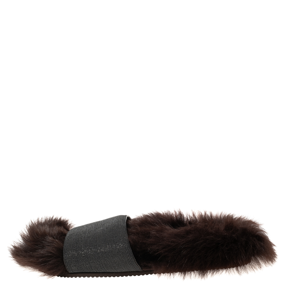 

Brunello Cucinelli Brown Beads And Shearling Fur Monile Slip On Slides Size