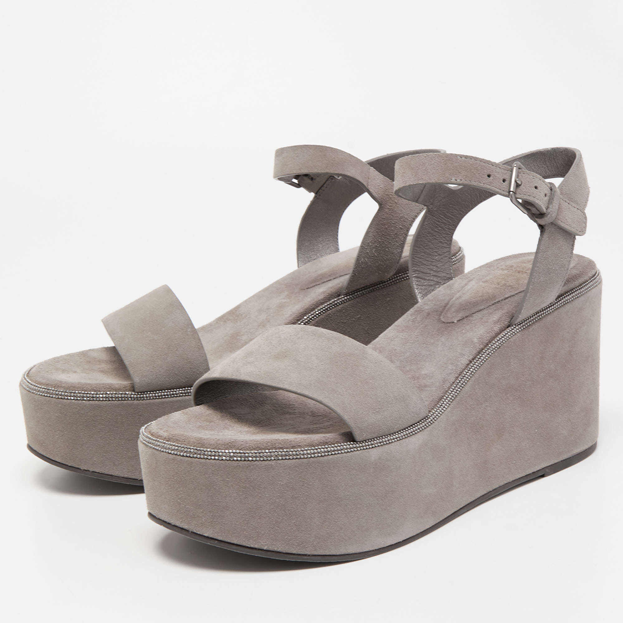 

Brunello Cucinelli Grey Suede Embellished Ankle Strap Wedge Sandals Size