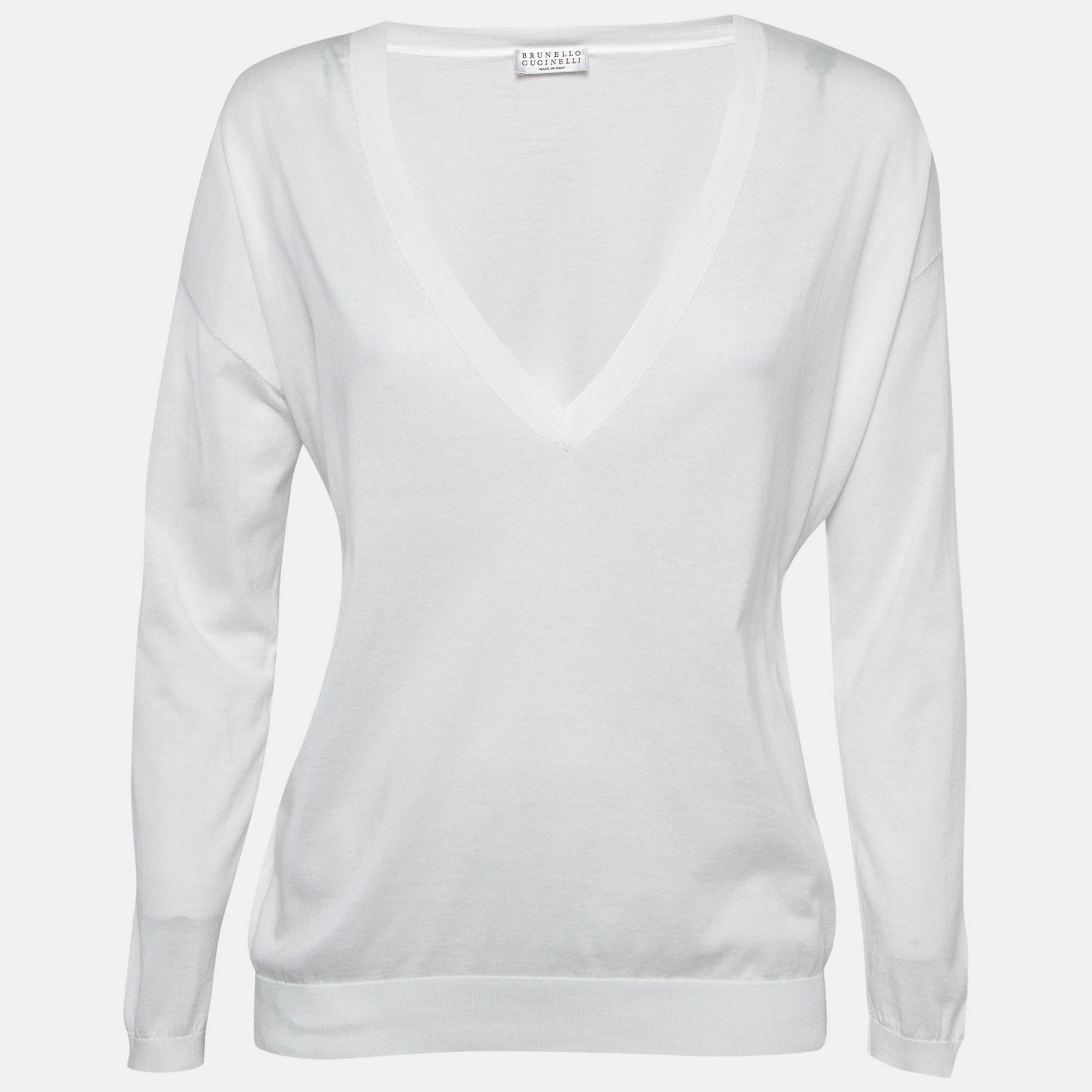

Brunello Cucinelli White Cotton Knit V-Neck Sweatshirt S