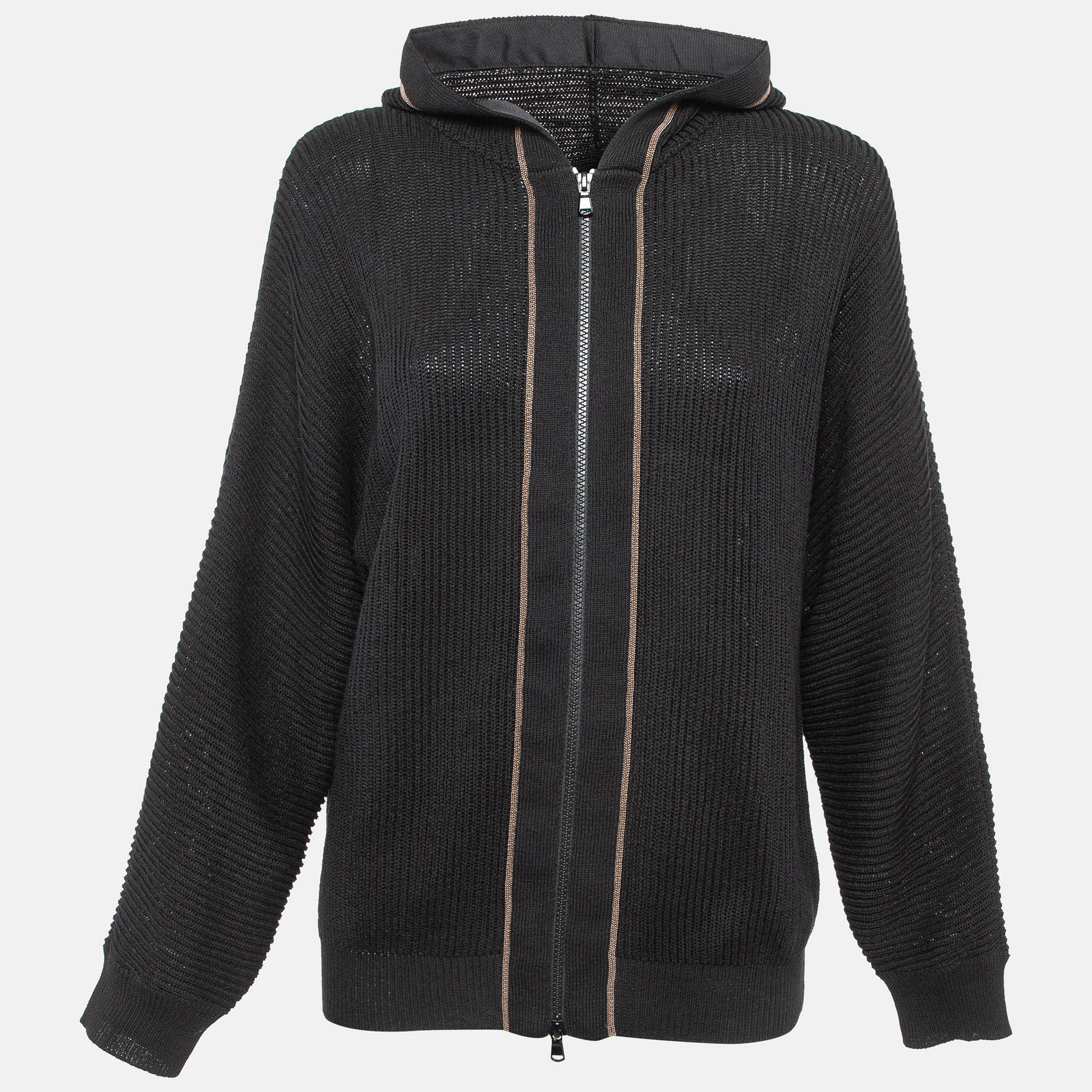 

Brunello Cucinelli Black Embellished Rib Knit Hooded Jacket L