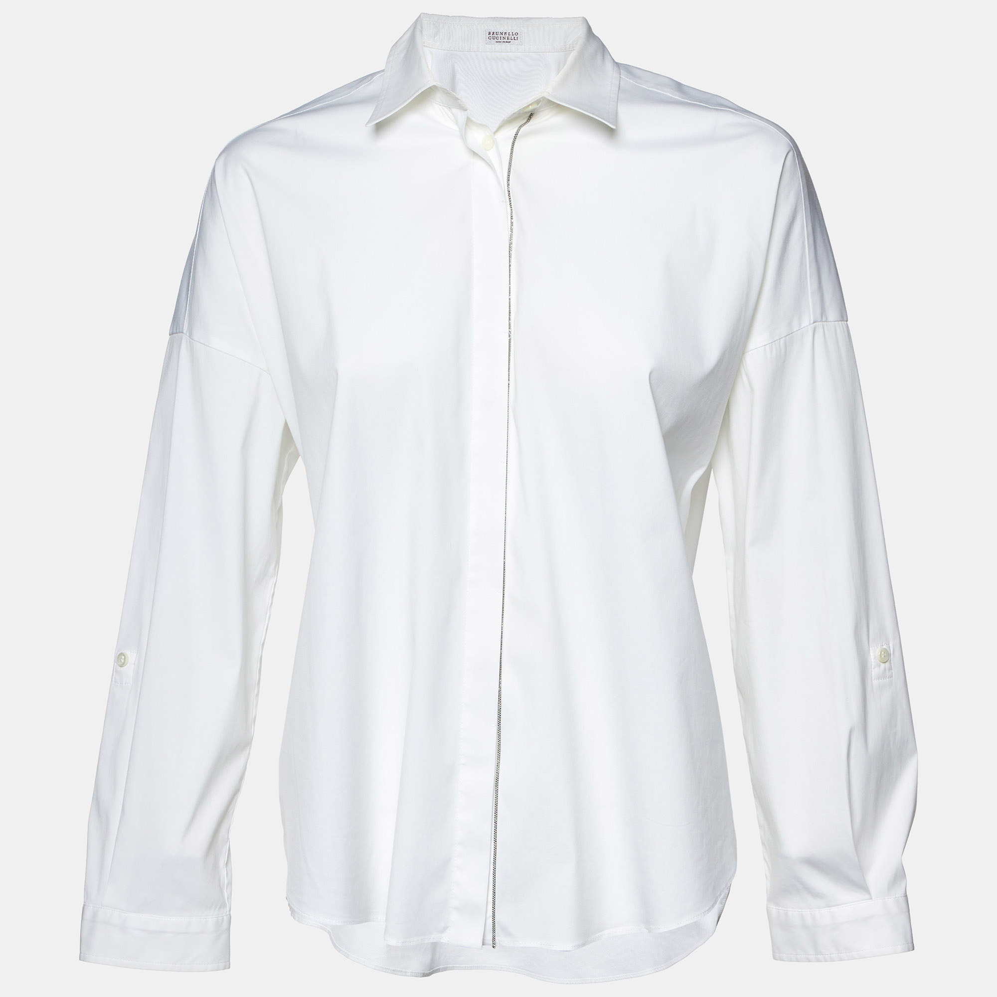 

Brunello Cucinelli White Poplin Cotton Shiny Trimmed Shirt M